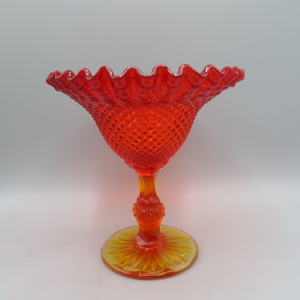 Viking Amberina Glass Red Orang Pedestal‎ Compote Bowl MCM Candy Dish 6 in